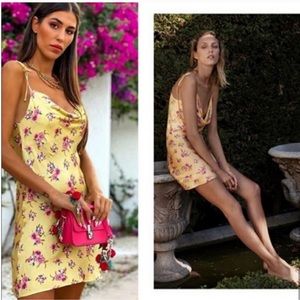 NWOT Zara Yellow Floral Print Draped Mini Satin Dress